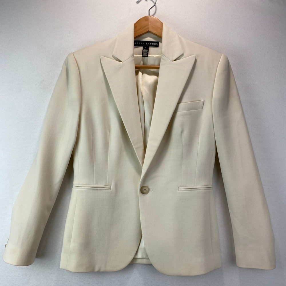Ralph Lauren Black Label Women 4 Ivory Wool Silk Lined Peak Lapel Blazer Jacket